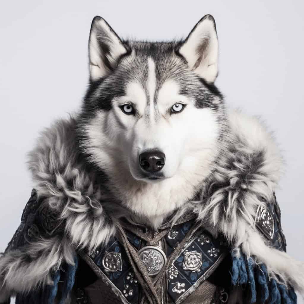 The Winter Guardian – Custom Design Pet Canvas features a Siberian husky with vivid blue eyes in ornate medieval armor, accented by fur and fine patterns, set against a light background—ideal for creating a striking pet portrait.