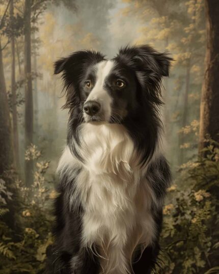 Capture your pet’s adventurous spirit with the Forest Sentinel – Custom Design Pet Canvas, featuring a black and white Border Collie sitting alert in a lush sunlit forest surrounded by vibrant green foliage and tall trees.