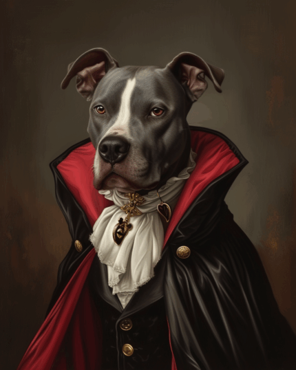 A gray and white pit bull poses regally in a black vampire cape, red lining, and gold medallion on "The Dracula – Custom Design Pet Canvas," perfect for dramatic pet portraits against a dark background.