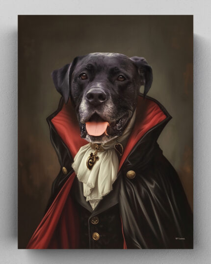 A black dog with a white muzzle in a high-collared vampire costume poses against a dark background—the perfect subject for The Dracula – Custom Design Pet Canvas.