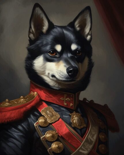 A black and white dog in an ornate military uniform with gold epaulets, medals, and red accents poses regally against a dark background—perfect for “The Sergeant – Custom Design Pet Canvas.”.