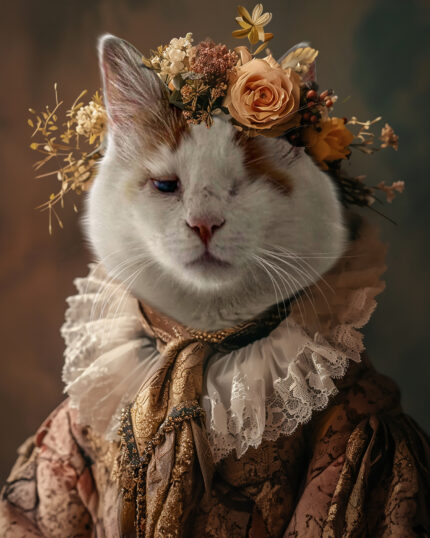 Kırışık yakalı, vintage çiçekli elbise ve çiçek taçlı beyaz ve turuncu bir kedi, koyu renkli bir arka plan üzerinde asil bir şekilde poz veriyor — özel tasarım evcil hayvan sanatı için Noble Blossom Floral Elegance Pet Canvas olarak mükemmel bir seçim.