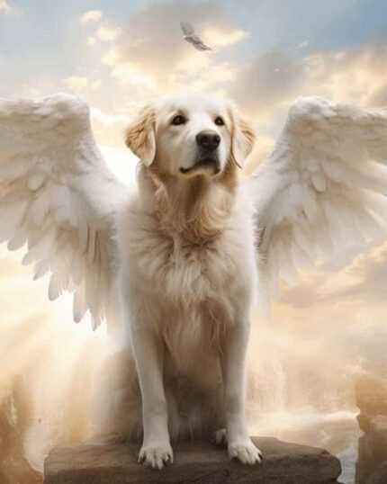 A golden retriever with white angel wings sits on a rock, sunlight streaming behind to create a heavenly scene with waterfalls—perfect as The Angel – Custom Design Pet Canvas for unique canvas printing.