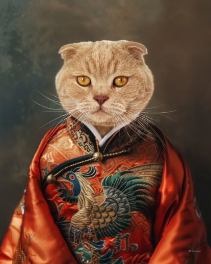 A cat with golden fur and amber eyes wears an ornate robe with an embroidered bird, posed formally on a dark backdrop—ideal for the Noble Blossom Floral Elegance Pet Canvas custom design.
