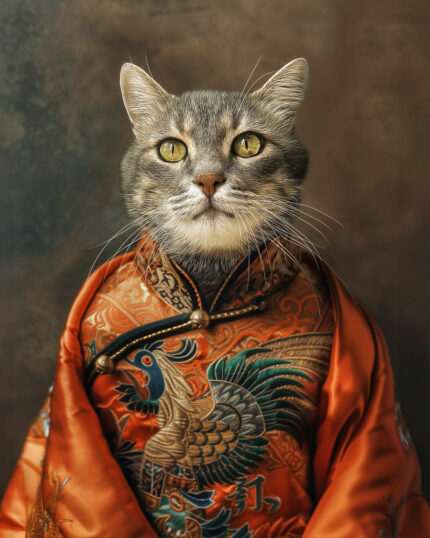 A gray tabby cat sits upright in an ornate orange robe with embroidered birds against a brown backdrop in the Noble Blossom Floral Elegance Pet Canvas, capturing a calm gaze—ideal for custom pet portrait enthusiasts.