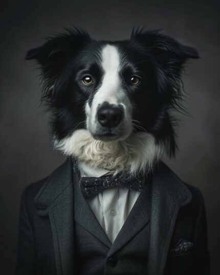 A black and white Border Collie in a sharp suit, white shirt, and bow tie sits upright against a dark background, making an ideal subject for the Suit Up! – Custom Design Pet Canvas.