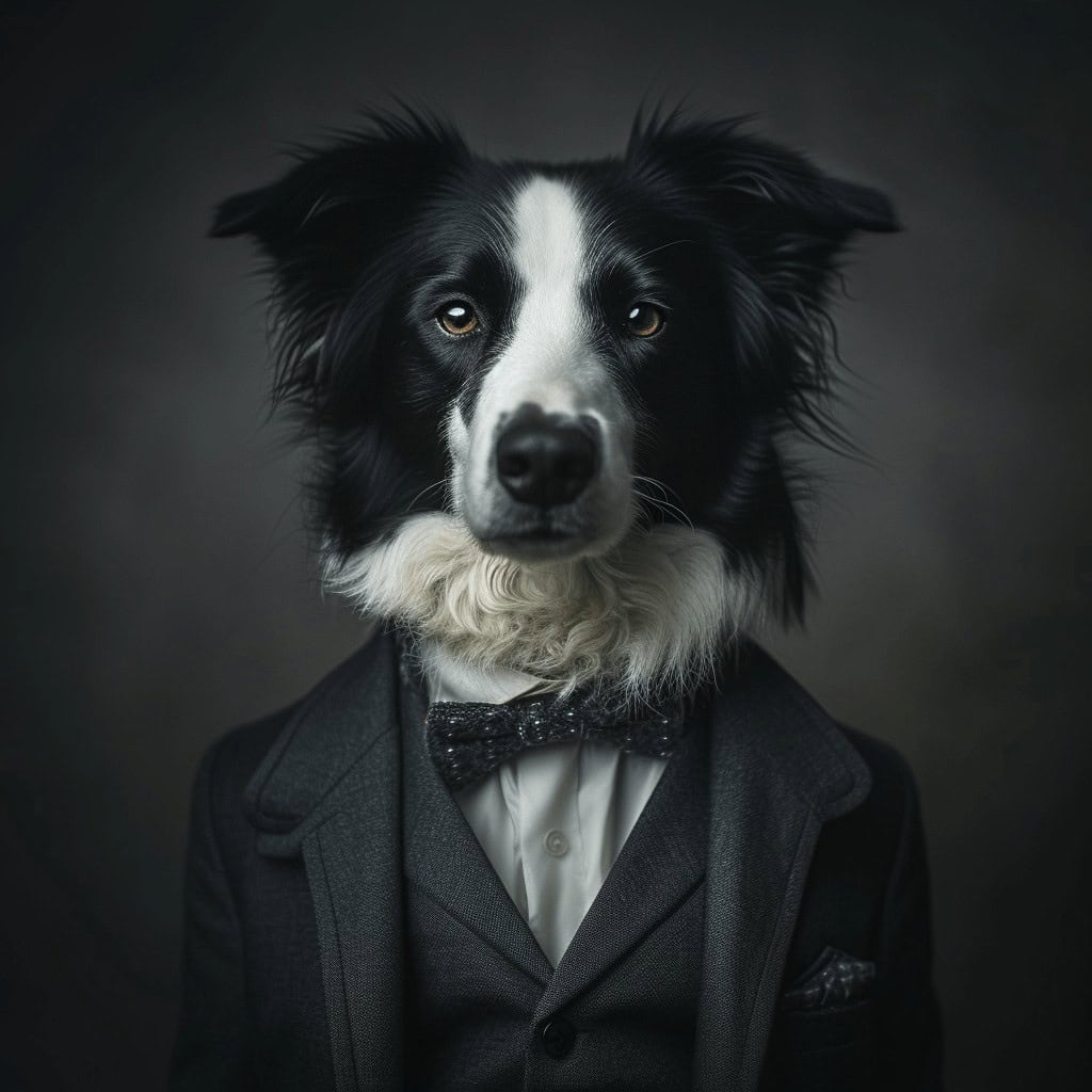 A black and white Border Collie in a sharp suit, white shirt, and bow tie sits upright against a dark background, making an ideal subject for the Suit Up! – Custom Design Pet Canvas.
