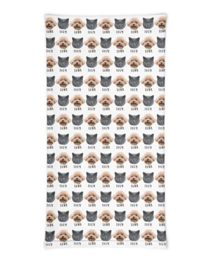 The Custom Neck Gaiter With Pet Faces features alternating rows of a dog's face labeled Lucy and a cat's face labeled Luna on a white background—ideal for fans of personalized pet-themed accessories.