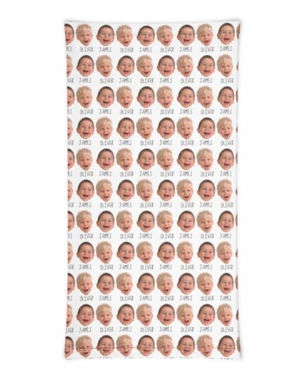 A custom neck gaiter featuring a repeating pattern of smiling pet faces and the name "OLIVER JAMES" in alternating rows on a white background, inspired by personalized pet canvas designs.
