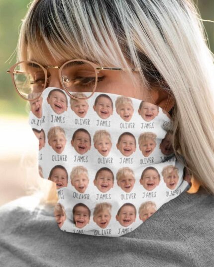 A blonde woman with glasses wears a Custom Neck Gaiter With Pet Faces featuring smiling children's faces and the names OLIVER and JAMES, highlighting custom design options.
