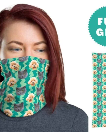 A red-haired woman wears the Custom Neck Gaiter With Pet Faces featuring a green design with cat faces and yellow flowers. A detailed view of the pattern, marked "FUN GIFT" in a teal circle, appears beside her—perfect for custom canvas printing.
