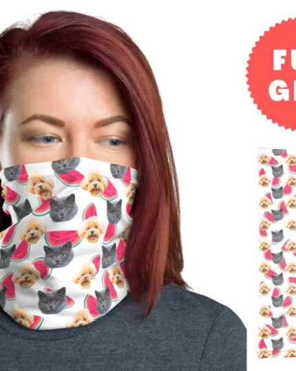 A woman wears the Custom Neck Gaiter With Pet Faces featuring colorful cat, dog, and watermelon illustrations. A "FUN GIFT" stamp and a close-up show the unique, pet canvas-inspired custom design on the right side.