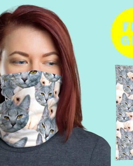 A woman with red hair wears the Custom Neck Gaiter With Pet Faces, featuring gray and cream cat faces inspired by custom pet canvas art. Beside her is a close-up of the gaiter’s design and a yellow "FUN GIFT" circle on blue.