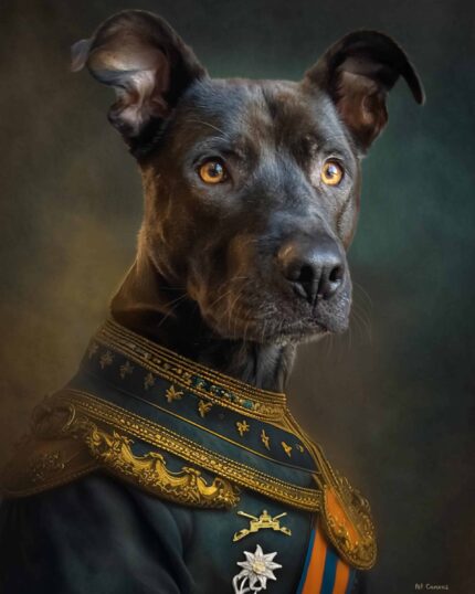 The Commander – Custom Design Pet Canvas features a black dog with upright ears in ornate, gold-embroidered military attire against a dark, painterly background—a regal and unique décor piece.