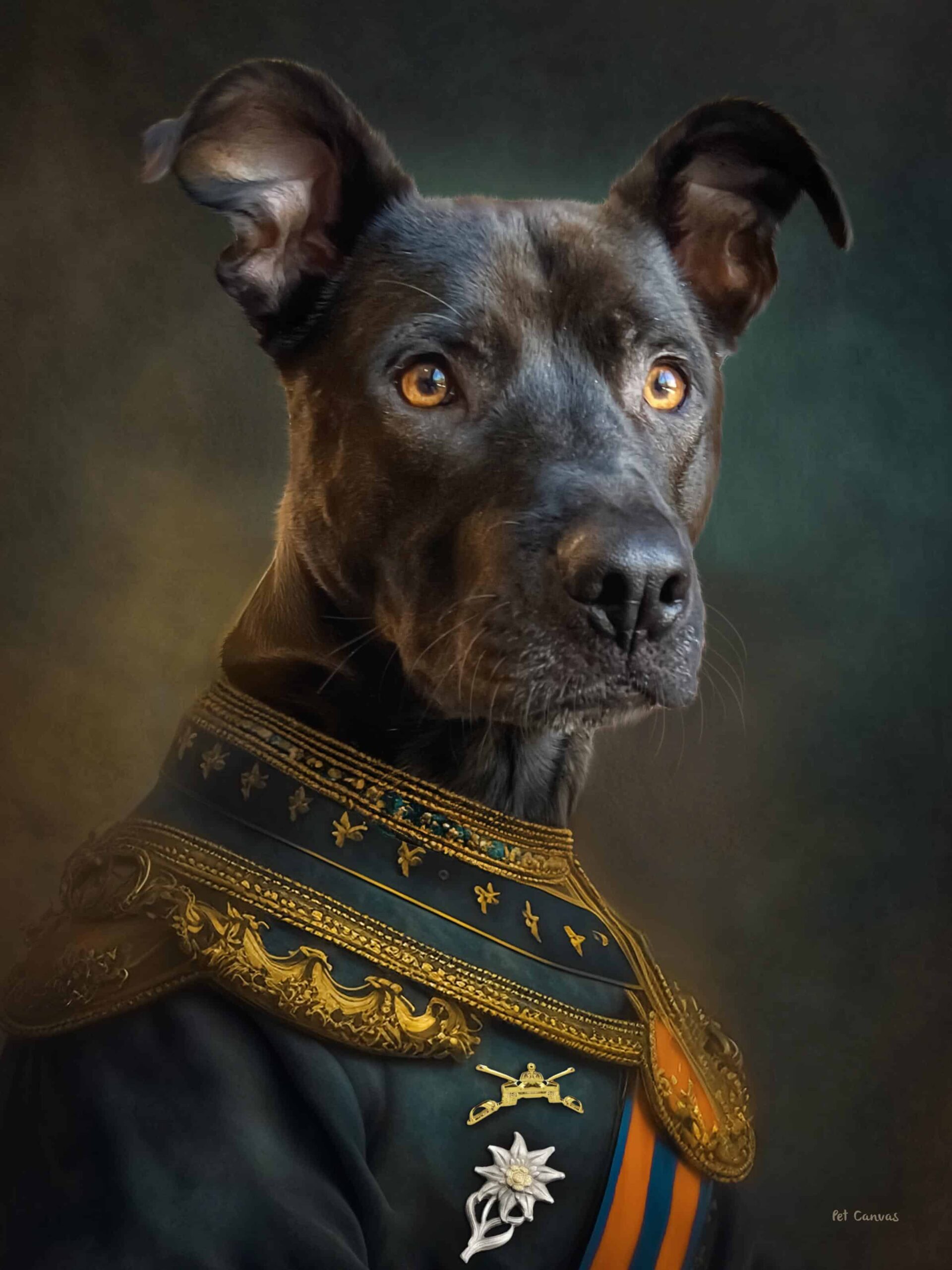 The Commander – Custom Design Pet Canvas Features A Black Dog With Upright Ears In Ornate, Gold-Embroidered Military Attire Against A Dark, Painterly Background—A Regal And Unique Décor Piece. The Commander – Custom Design Pet Canvas features a black dog with upright ears in ornate, gold-embroidered military attire against a dark, painterly background—a regal and unique décor piece.