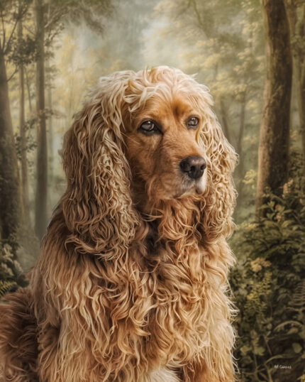 Capture your pet’s essence with the “Forest Sentinel – Custom Design Pet Canvas,” featuring a golden-brown, curly-haired dog with long ears sitting thoughtfully in a sunlit forest amid tall trees and lush green foliage.