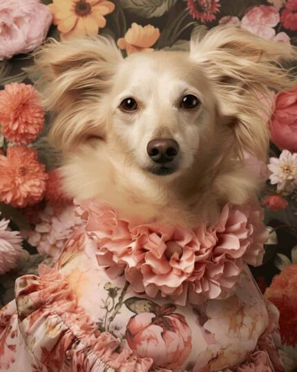 A fluffy light-colored dog in a floral dress poses among pink and orange flowers, starring on The Garden Beauty – Custom Design Pet Canvas—an ideal way to celebrate your furry friend with unique canvas printing.