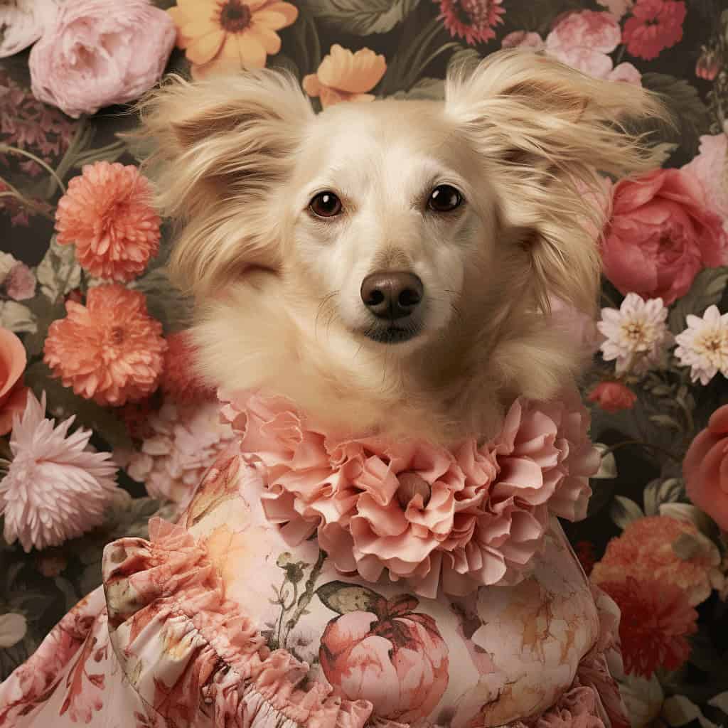 A fluffy light-colored dog in a floral dress poses among pink and orange flowers, starring on The Garden Beauty – Custom Design Pet Canvas—an ideal way to celebrate your furry friend with unique canvas printing.