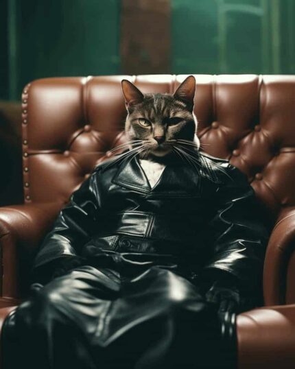 A cat sits upright in a brown leather chair, dressed in black leather jacket and pants with a serious look—resembling a human—making it the perfect subject for The Morpheus – Custom Design Pet Canvas.
