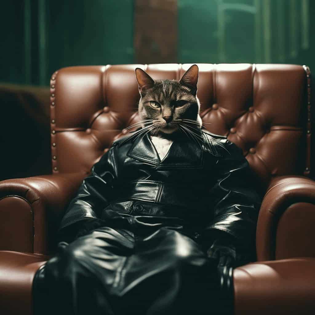 A Cat Sits Upright In A Brown Leather Chair, Dressed In Black Leather Jacket And Pants With A Serious Look—Resembling A Human—Making It The Perfect Subject For The Morpheus – Custom Design Pet Canvas. A cat sits upright in a brown leather chair, dressed in black leather jacket and pants with a serious look—resembling a human—making it the perfect subject for The Morpheus – Custom Design Pet Canvas.