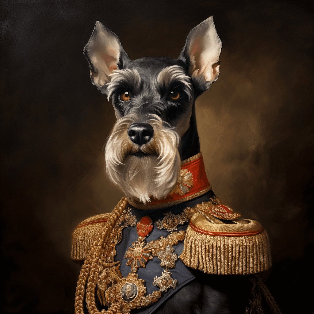 Celebrate Your Beloved Companion With &Amp;Quot;The General – Custom Design Pet Canvas,&Amp;Quot; Featuring A Dignified Schnauzer In An Ornate, Gold-Trimmed Military Uniform With Medals And Epaulettes, Formally Posed Against A Dark Background. Celebrate your beloved companion with "The General – Custom Design Pet Canvas," featuring a dignified schnauzer in an ornate, gold-trimmed military uniform with medals and epaulettes, formally posed against a dark background.