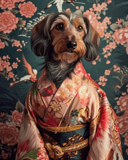 A small dog in a floral kimono sits before crane and peony wallpaper, capturing a charming scene—perfect inspiration for The Young Geisha – Custom Design Pet Canvas.