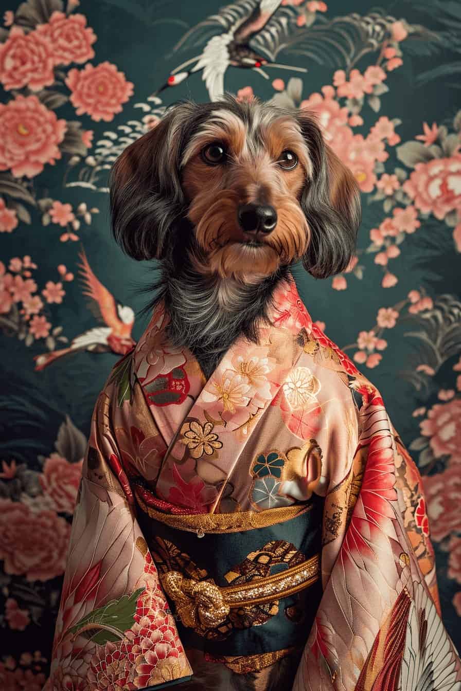 A small dog in a floral kimono sits before crane and peony wallpaper, capturing a charming scene—perfect inspiration for The Young Geisha – Custom Design Pet Canvas.
