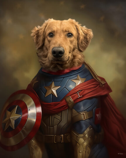 A golden retriever in a Captain America suit poses against a starry backdrop on "The Paws of Justice - Captain Lab America - Custom Pet Canvas," perfect for unique pet art and custom canvas printing.