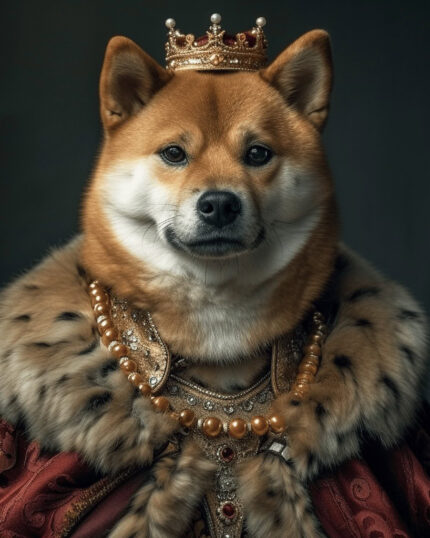 The Sovereign Monarch Portrait – Custom Design Pet Canvas features your pet as a regal figure in a fur-trimmed robe, ornate necklace, and jeweled crown—a perfect choice for royal-inspired canvas printing.
