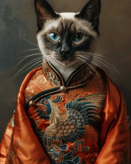 A Siamese cat with striking blue eyes in an ornate orange robe inspires the Far East Imperial Whiskers Portrait – Custom Design Pet Canvas, perfect for elegant pet canvas printing against a neutral background.