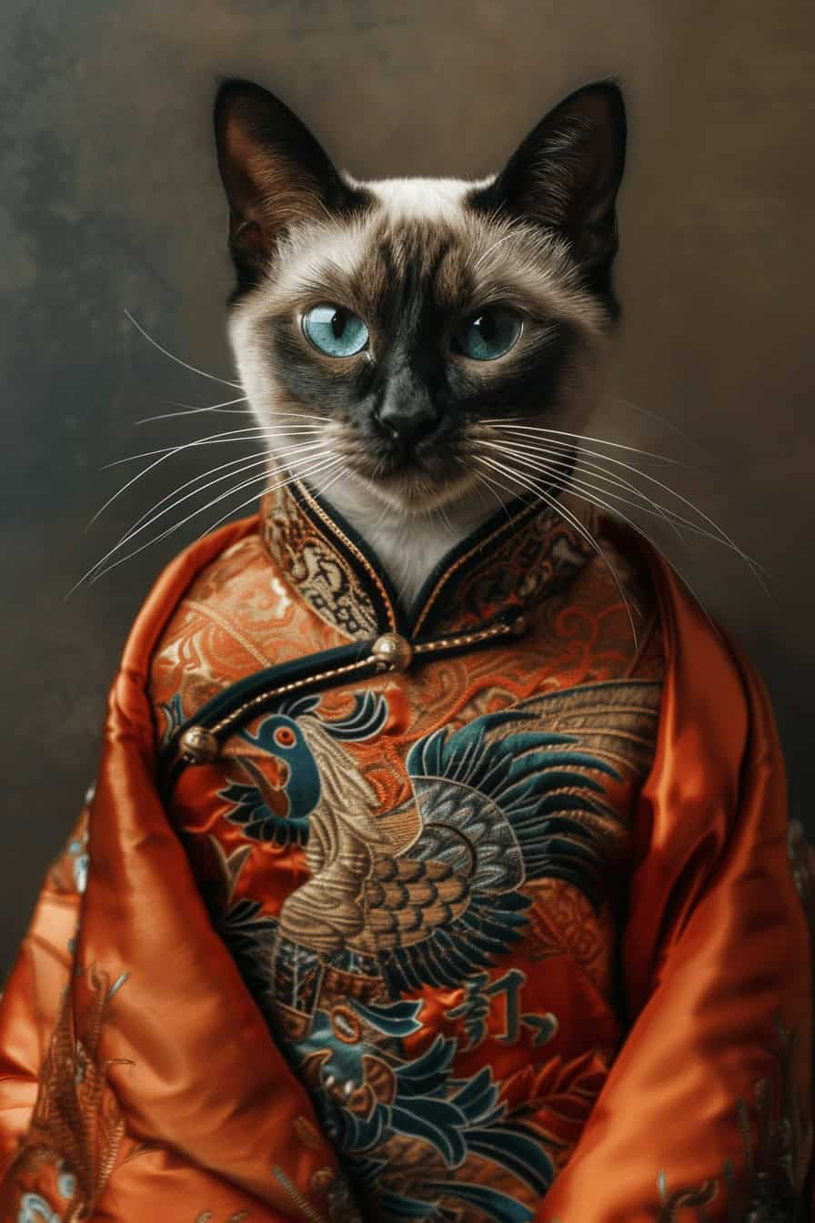 A Siamese cat with striking blue eyes in an ornate orange robe inspires the Far East Imperial Whiskers Portrait – Custom Design Pet Canvas, perfect for elegant pet canvas printing against a neutral background.