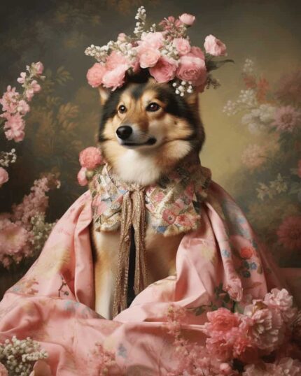 Transform your pet into royalty with "The Pink Lady - Custom Design Pet Canvas," featuring a dog in a floral crown and pink cloak, set among pink flowers against a vintage, painterly background for a whimsical portrait.
