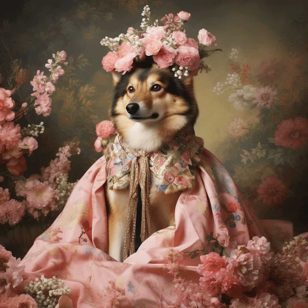 Transform your pet into royalty with "The Pink Lady - Custom Design Pet Canvas," featuring a dog in a floral crown and pink cloak, set among pink flowers against a vintage, painterly background for a whimsical portrait.
