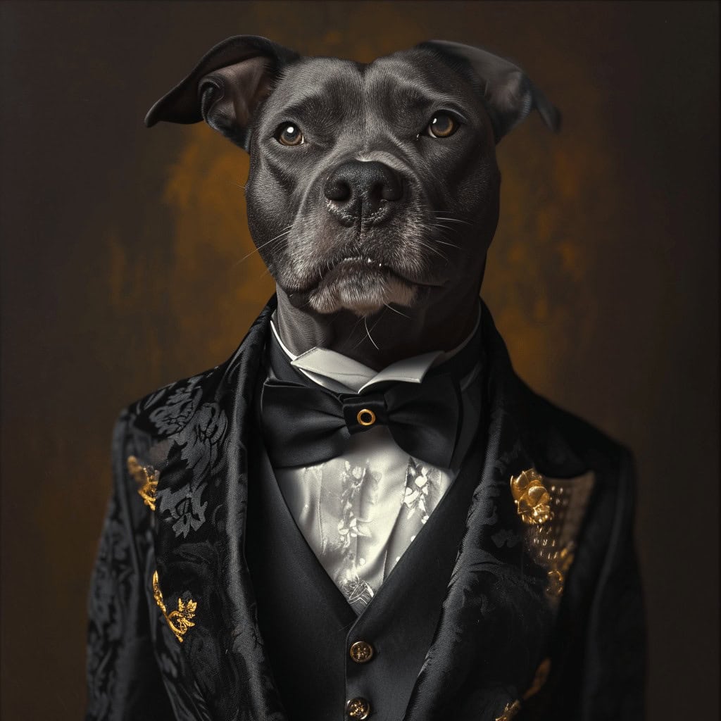 A black dog in an ornate black tuxedo with gold accents and a bow tie poses on a dark background—the perfect subject for the Fancy Regal Rover Portrait – Custom Design Pet Canvas.