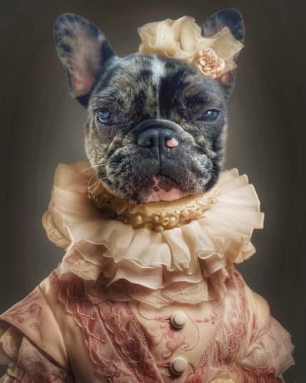 Koyu renkli bir arka plan üzerinde, dantel, fırfır ve incilerle süslenmiş vintage tarzı pembe bir elbise ve ona uyan bir şapka giymiş bir Fransız bulldog – Sophisticated Lady – Custom Design Pet Canvas'ta yer alıyor.