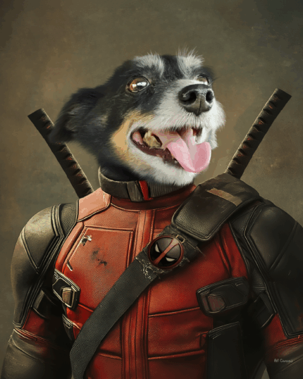 Dilini dışarı çıkarmış mutlu bir köpek, Deadpool'u taklit ederek kılıçlı kırmızı ve siyah süper kahraman kostümü giyiyor. Sessiz kahverengi gradyan arka plan, "Deadpool'un Evcil Hayvanı – Özel Tasarım Evcil Hayvan Tuval"ı evcil hayvan severler için benzersiz ve unutulmaz bir hediye haline getiriyor.