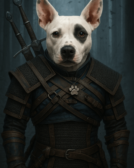 An epic digital art of a dog dressed as a medieval warrior, featuring armor, swords, and a mystical forest background.