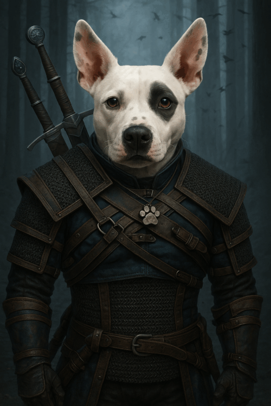 An epic digital art of a dog dressed as a medieval warrior, featuring armor, swords, and a mystical forest background.