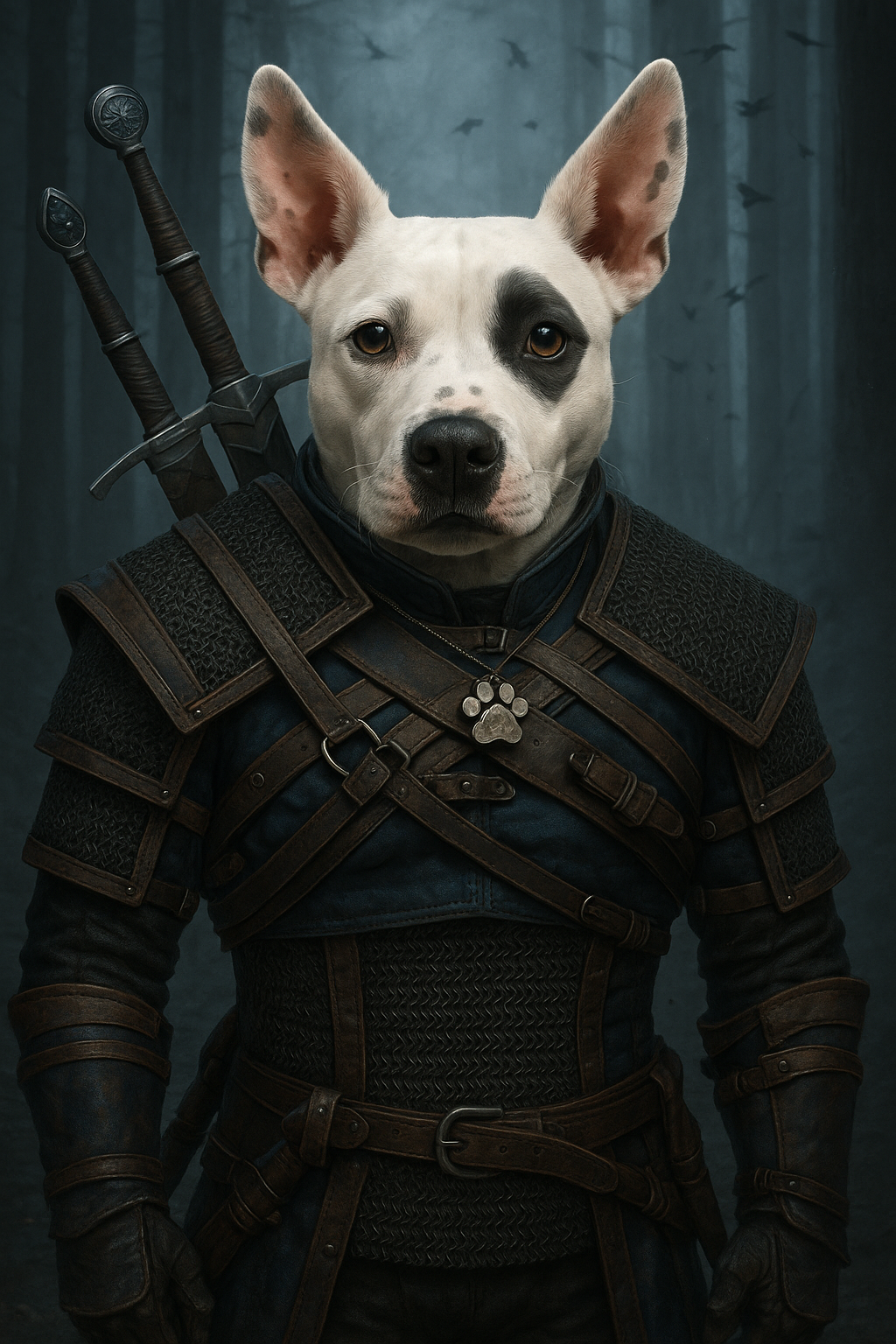 An epic digital art of a dog dressed as a medieval warrior, featuring armor, swords, and a mystical forest background.