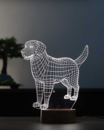 3D Golden Retriever LED Gece Lambası, loş bir odada saksı bitkisiyle birlikte ahşap bir taban üzerinde parlak bir şekilde ışık yayar. Evcil hayvanınızın resmini veya özel tasarım evcil hayvan resmini içeren dekorasyonla mükemmel bir uyum sağlar.