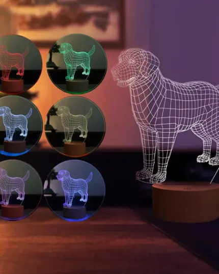 Ahşap tabanlı bir 3D Golden Retriever LED Gece Lambası, karanlık bir odayı aydınlatır ve altı küçük resim, lambanın kırmızı, yeşil, mavi, camgöbeği, sarı ve mor renkte parladığını gösterir. Özel tasarım evcil hayvan kanvaslarıyla eşleştirmek için idealdir.