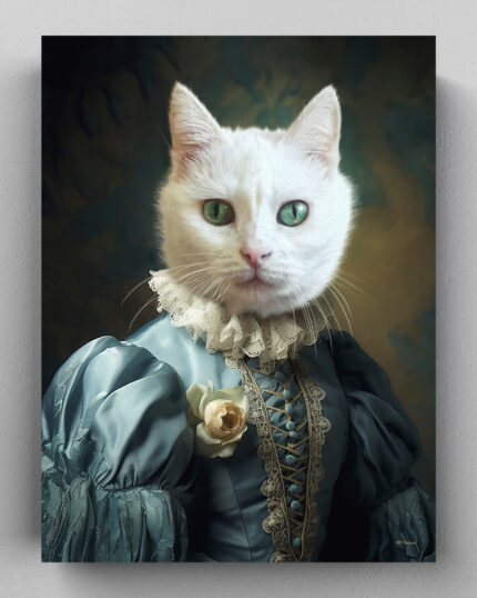 Noble Lady #20 - Özel Tasarım Evcil Hayvan Kanvas, koyu renkli bir arka plan üzerinde, dantel süslemeli ve çiçek broşlu süslü mavi Viktorya dönemi elbisesiyle yeşil gözlü beyaz bir kediyi tasvir ediyor. Benzersiz bir dekor için ideal.