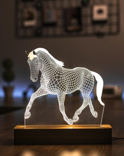 The 3D Horse LED Night Lamp features a geometric wireframe horse design on a wooden base, making it an ideal accent for fans of modern décor and custom pet canvas art.