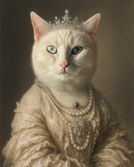 İnci kolye ve taç takmış, heterokromatik gözleri olan zarif beyaz bir kedi, kraliyet ailesini andırıyor. Mükemmel bir evcil hayvan kanvas sanatı.