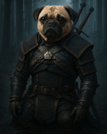 Adorable pug dressed as a medieval warrior in a dark forest background.