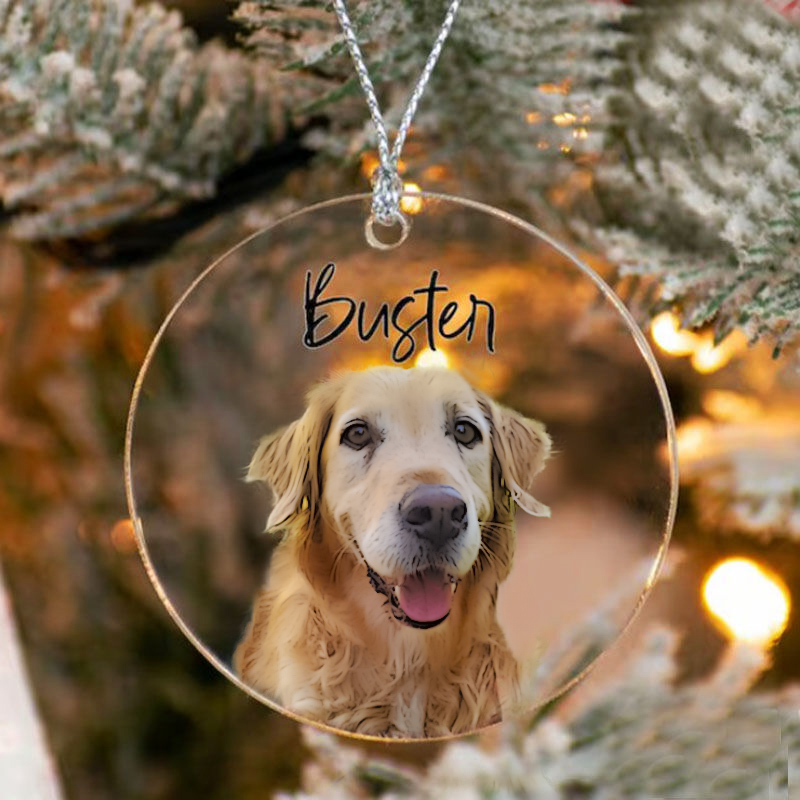 A Personalized Transparent Pet Ornament Hangs On A Tree, Displaying An Illustrated Golden Retriever’s Face With &Amp;Quot;Buster&Amp;Quot; In Black Script. Blurred Pine Needles And Glowing Lights Create A Festive Background. A Personalized Transparent Pet Ornament hangs on a tree, displaying an illustrated golden retriever’s face with "Buster" in black script. Blurred pine needles and glowing lights create a festive background.