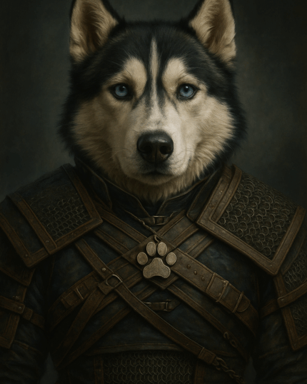 Husky dog with blue eyes in warrior armor, pet art, custom pet portrait, digital art, pet tribute.