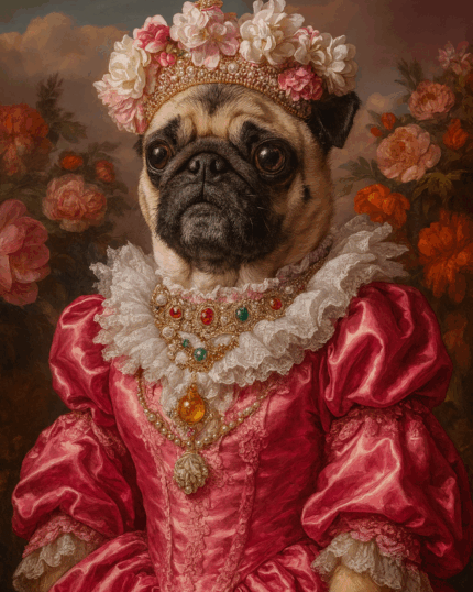 Viktorya dönemi kıyafetleri ve mücevherleri ile zarif köpek portresi. Özel evcil hayvan sanat eserleri ve köpek severler için hediyeler için mükemmel.