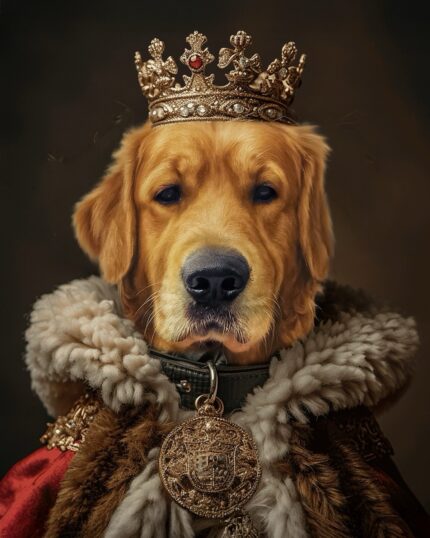 Taç ve asil pelerin giyen köpek, kişiselleştirilmiş evcil hayvan portresi, kral köpek görüntüsü, lüks evcil hayvan sanatı.