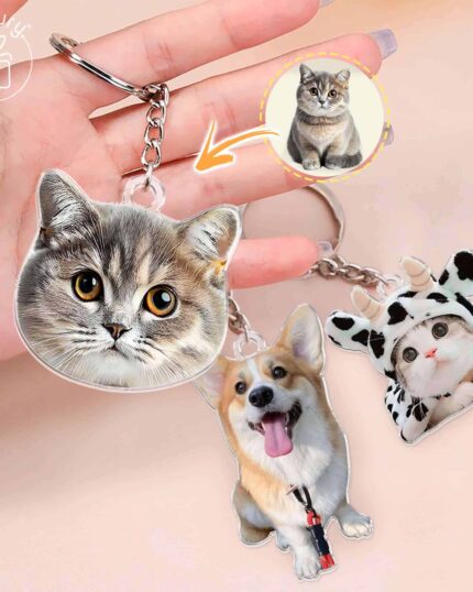 A hand holds three Personalized Animal Printed Plexiglass Keychains—a cat face, a corgi dog, and a cat in a cow costume. An inset with a yellow arrow shows the real pet inspiring one keychain, perfect for custom canvas art ideas.